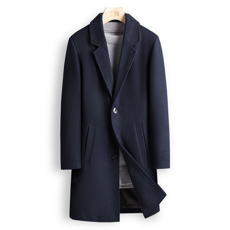 Koreai stílusú gyapjúkabát, álló gallérral, egyrészes gombolás, középhosszú