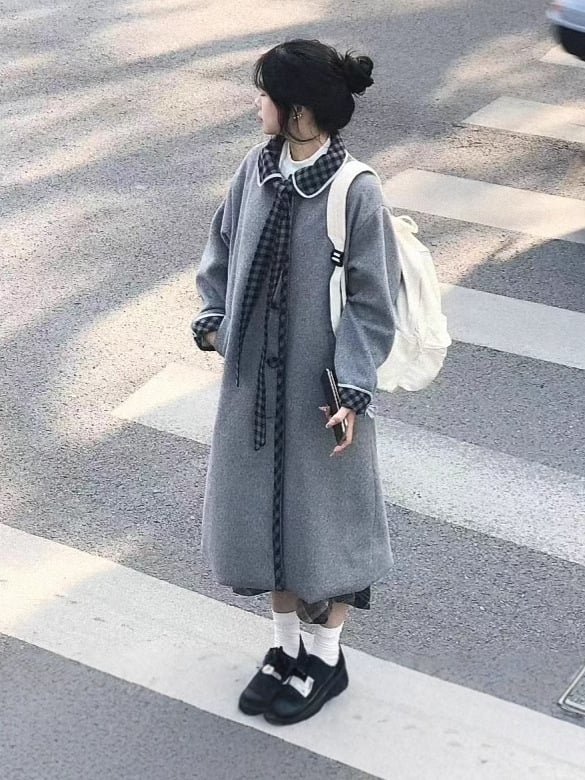 Garš kokvilnas mētelis vienkrāsains, japāņu un korejiešu brīvā stila, ar vienu rindu pogu