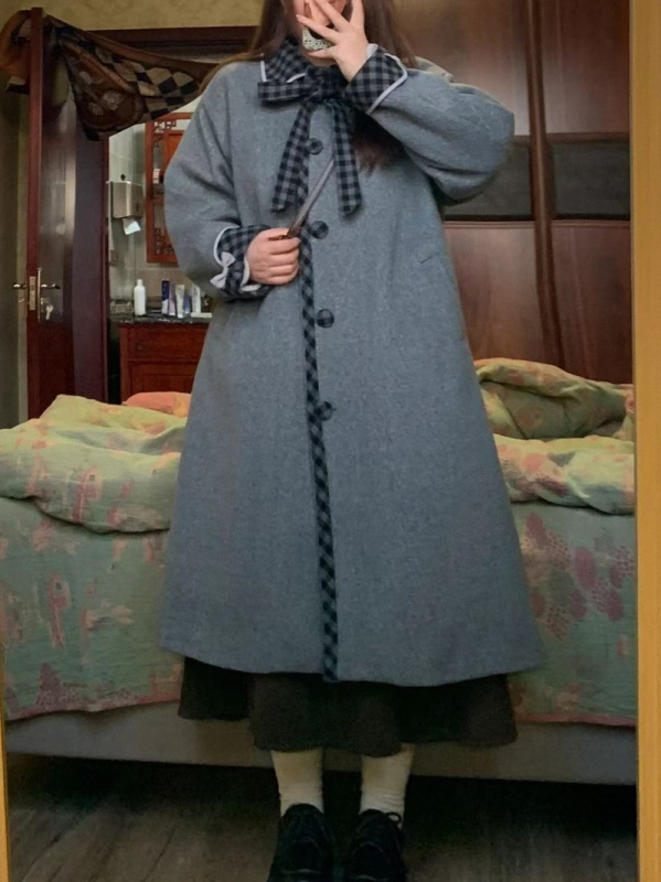 Garš kokvilnas mētelis vienkrāsains, japāņu un korejiešu brīvā stila, ar vienu rindu pogu