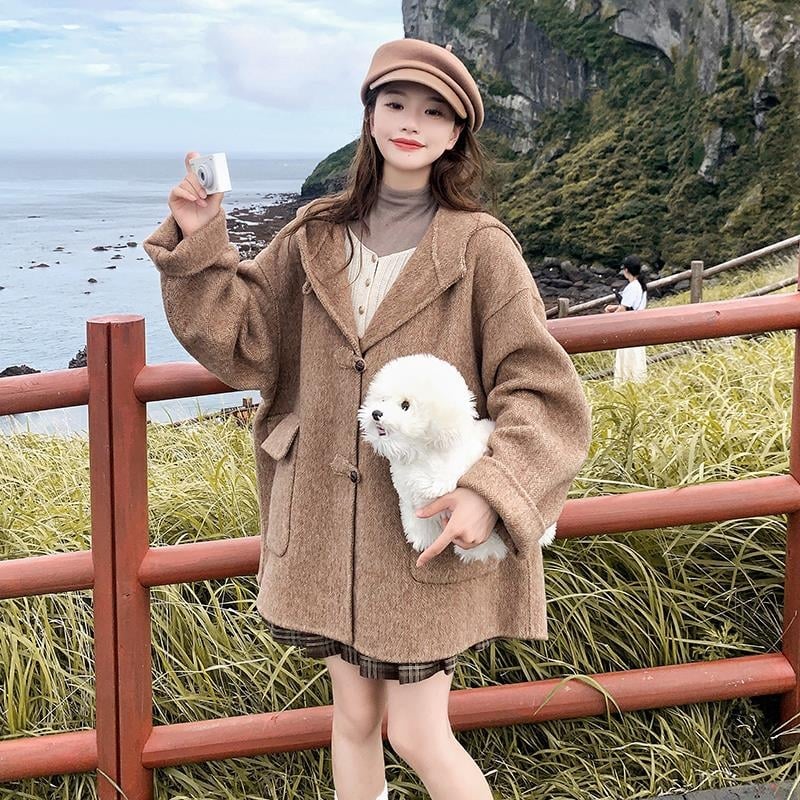 Sieviešu vilnas virsjaka ar kapuci, kokona siluete, Chenille audums ar spandeksu, īss garums 40-50 cm, kažokādas apkakle