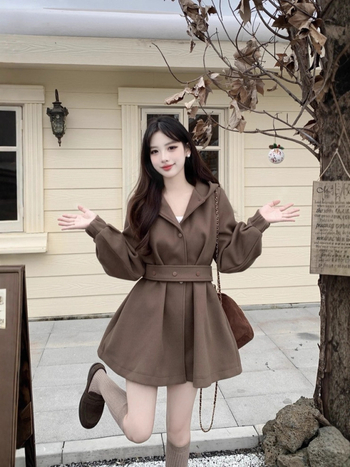 Вълнено палто с лампен рукав, качулка, 70–80% полиестер, зима 2025, елегантен градски стил