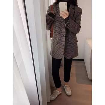 Sieviešu kokvilnas jaka ar režģa rakstu, japāņu-korejiešu brīvā stila, kažokādas apkakle, vienas rindas pogu aizdare