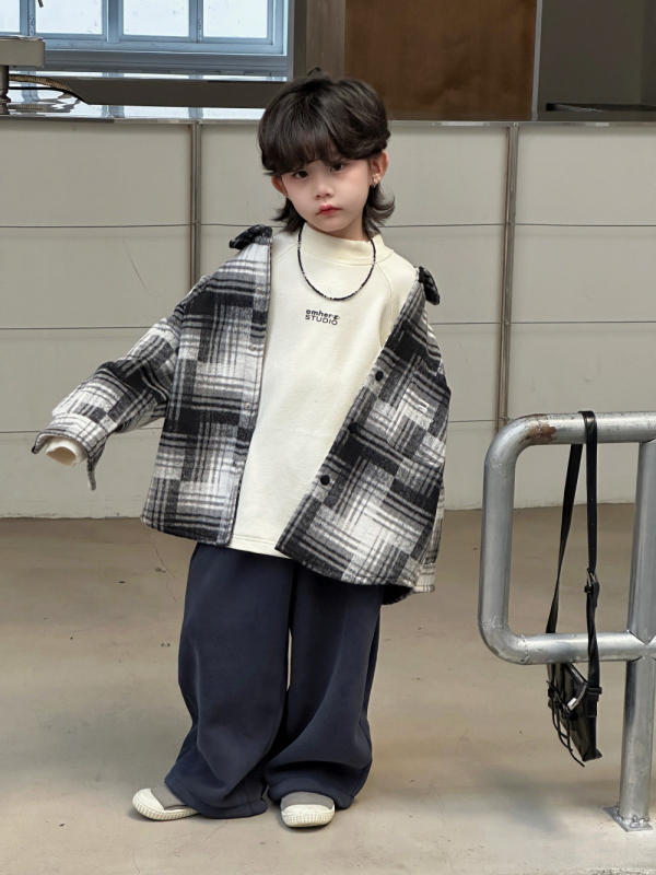 Dječja jakna-košulja kariranog uzorka, debela, zimska 2025, korejski stil, unisex, dugi rukav, srednja duljina, kopčanje na gumbe, podstava poliester