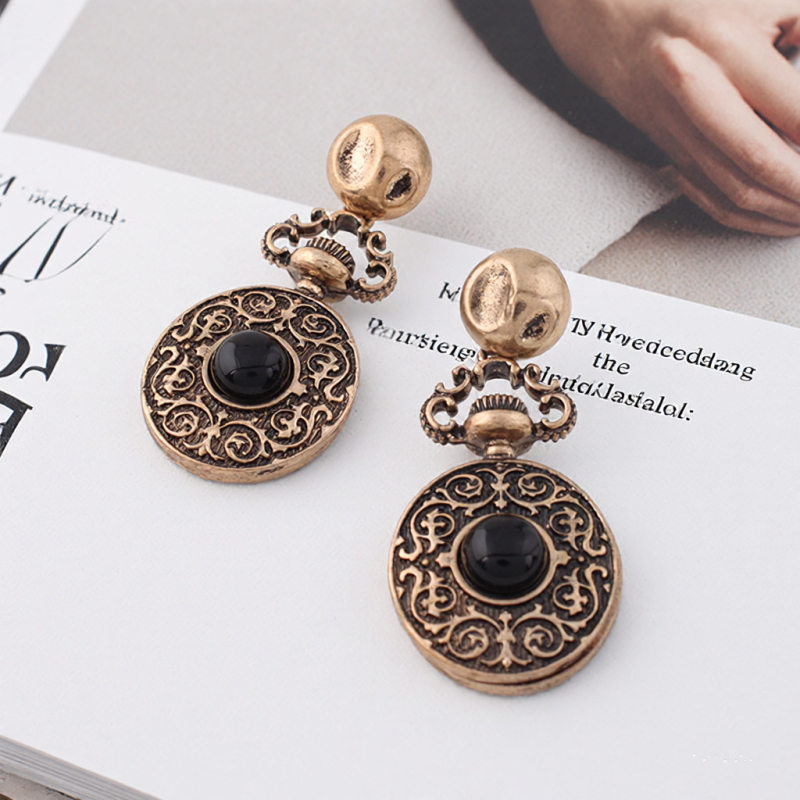 Cercei - Circular, relief dublu față în stil de ceas de buzunar, inspirat de palat, știfturi din argint 925, placare electrochimică, materiale mixte