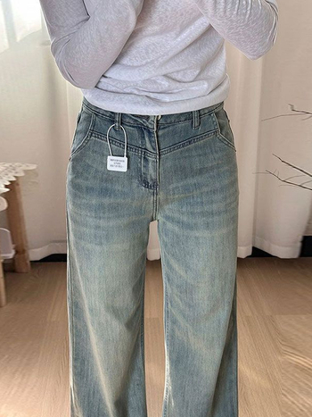 Ženske hlače od jeansa, široke krojeve, visokim strukom, drapirani ležerni ravni kroj, denim, pamuk-poliester mješavina, casual stil, ljeto 2025