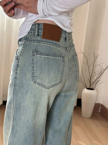 Ženske hlače od jeansa, široke krojeve, visokim strukom, drapirani ležerni ravni kroj, denim, pamuk-poliester mješavina, casual stil, ljeto 2025