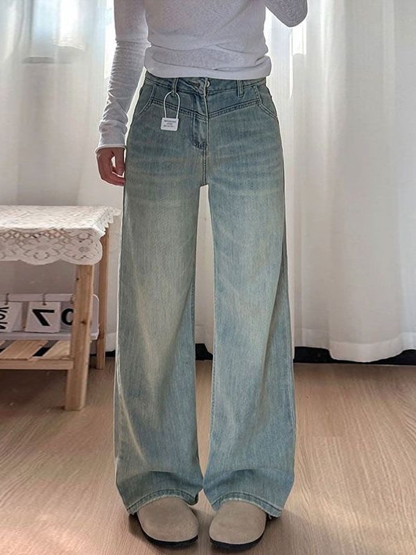 Ženske hlače od jeansa, široke krojeve, visokim strukom, drapirani ležerni ravni kroj, denim, pamuk-poliester mješavina, casual stil, ljeto 2025