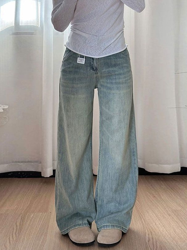 Ženske hlače od jeansa, široke krojeve, visokim strukom, drapirani ležerni ravni kroj, denim, pamuk-poliester mješavina, casual stil, ljeto 2025