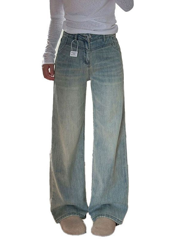 Ženske hlače od jeansa, široke krojeve, visokim strukom, drapirani ležerni ravni kroj, denim, pamuk-poliester mješavina, casual stil, ljeto 2025