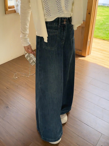 Jeansi cu talie înaltă și croială wide-leg, din denim cu spandex, stil retro, fără călcare