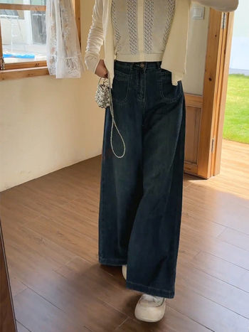 Jeansi cu talie înaltă și croială wide-leg, din denim cu spandex, stil retro, fără călcare