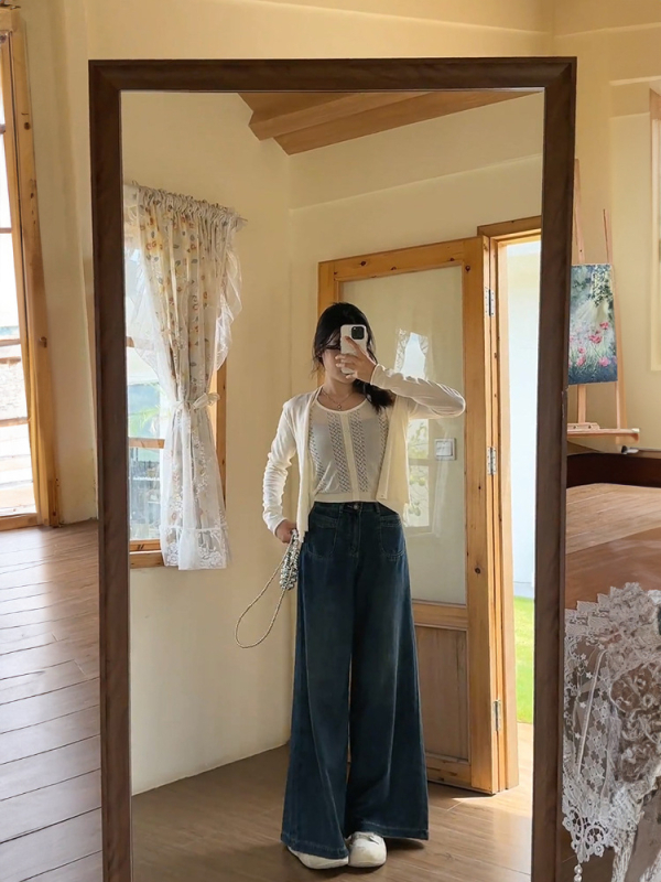 Jeansi cu talie înaltă și croială wide-leg, din denim cu spandex, stil retro, fără călcare