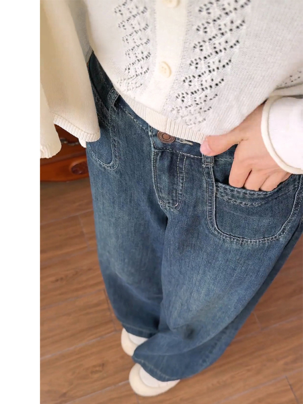 Jeansi cu talie înaltă și croială wide-leg, din denim cu spandex, stil retro, fără călcare