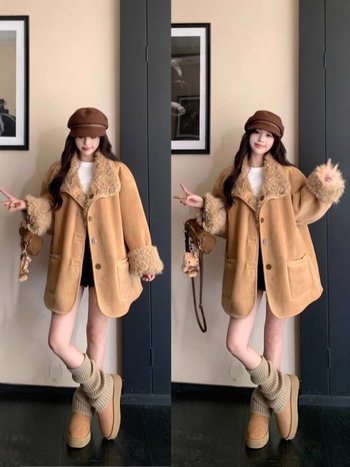 Divpusēja jaka, Korejas retro noskaņa, silta pūkaina odere, brīvs piegriezums, kokvilnas maisījuma audums