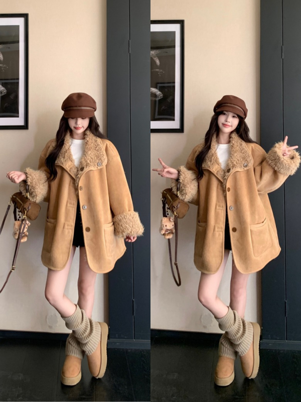 Divpusēja jaka, Korejas retro noskaņa, silta pūkaina odere, brīvs piegriezums, kokvilnas maisījuma audums