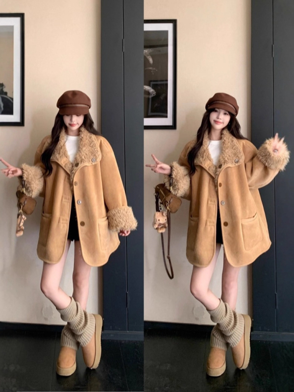 Divpusēja jaka, Korejas retro noskaņa, silta pūkaina odere, brīvs piegriezums, kokvilnas maisījuma audums