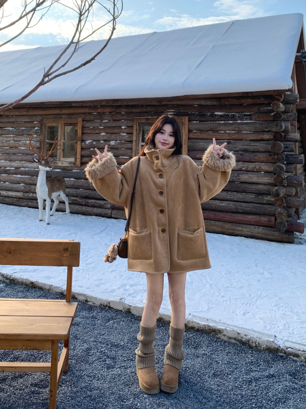 Divpusēja jaka, Korejas retro noskaņa, silta pūkaina odere, brīvs piegriezums, kokvilnas maisījuma audums