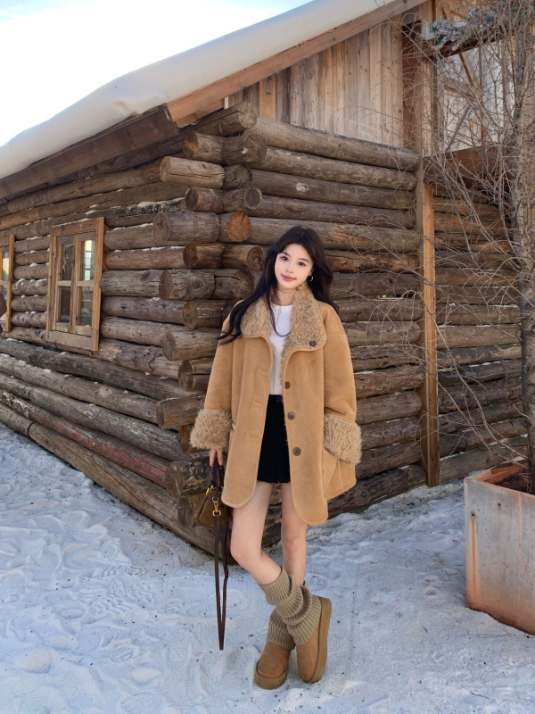 Divpusēja jaka, Korejas retro noskaņa, silta pūkaina odere, brīvs piegriezums, kokvilnas maisījuma audums