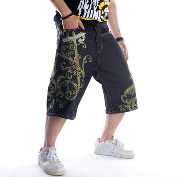 Muške traper šorceve – labav kroj, kratka duljina, srednji pojas, izvezeni detalji, Hip-Hop/Skateboard stil