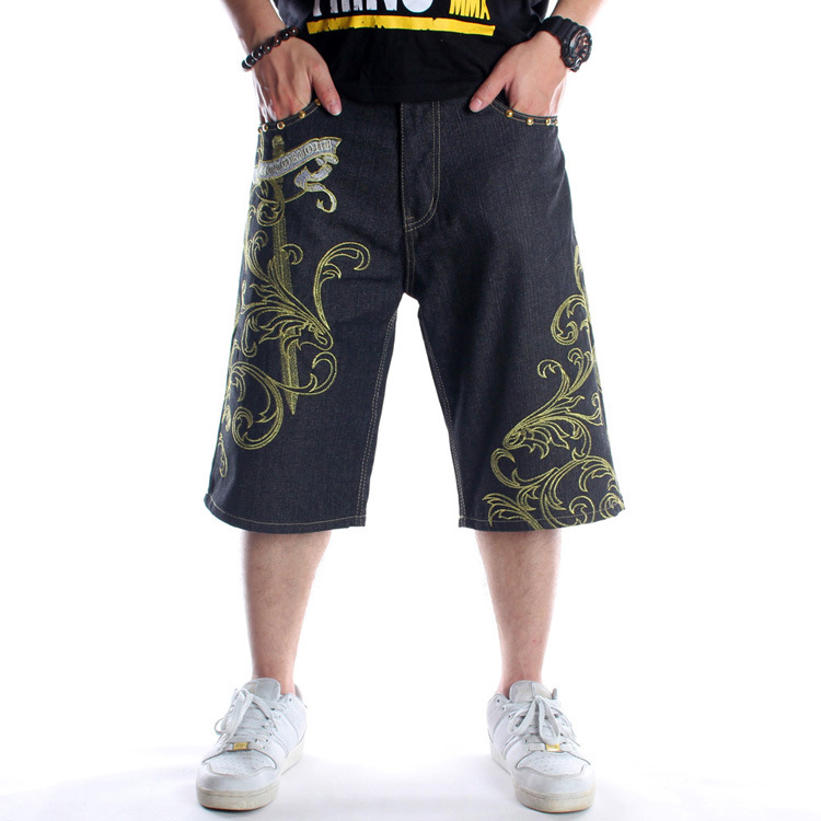 Muške traper šorceve – labav kroj, kratka duljina, srednji pojas, izvezeni detalji, Hip-Hop/Skateboard stil