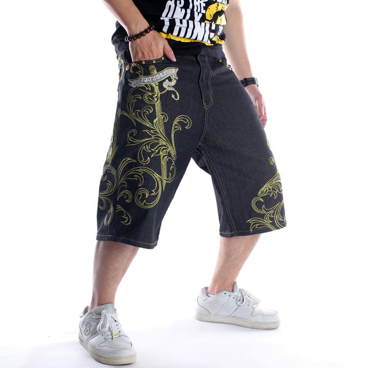 Muške traper šorceve – labav kroj, kratka duljina, srednji pojas, izvezeni detalji, Hip-Hop/Skateboard stil