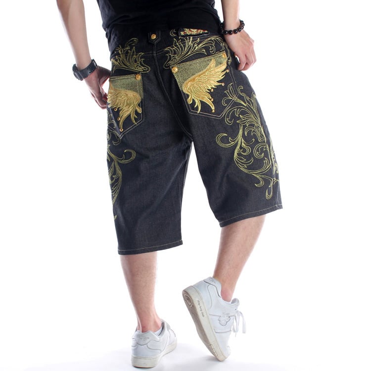 Muške traper šorceve – labav kroj, kratka duljina, srednji pojas, izvezeni detalji, Hip-Hop/Skateboard stil
