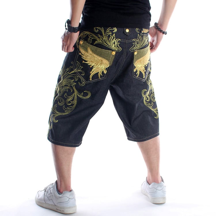 Muške traper šorceve – labav kroj, kratka duljina, srednji pojas, izvezeni detalji, Hip-Hop/Skateboard stil
