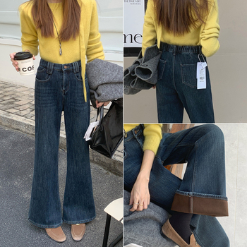 Sieviešu ziemas džinsi ar velūra oderi, platā bootcut griezums, kokvilna 50–70%, regulējama josta