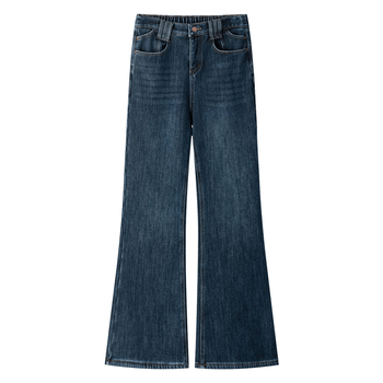 Sieviešu ziemas džinsi ar velūra oderi, platā bootcut griezums, kokvilna 50–70%, regulējama josta