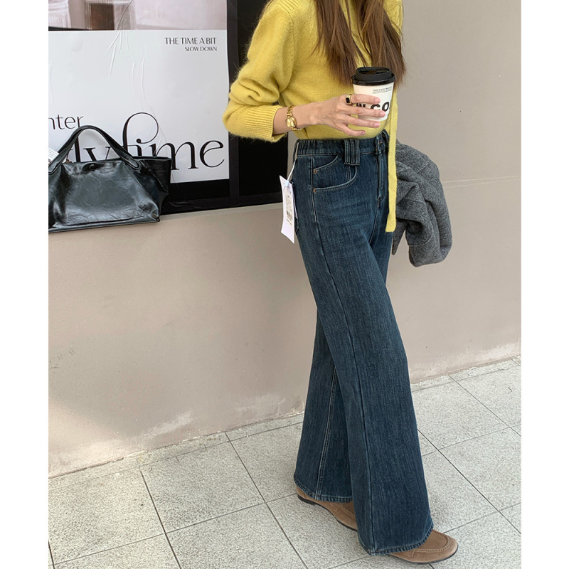 Sieviešu ziemas džinsi ar velūra oderi, platā bootcut griezums, kokvilna 50–70%, regulējama josta