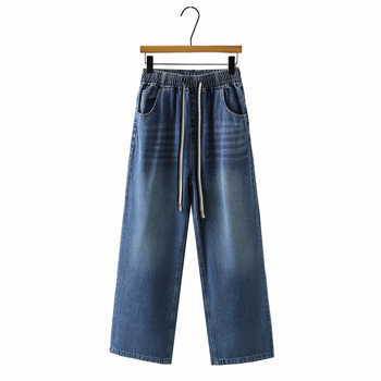 Sieviešu augsta vidukļa džinsi no kokvilnas denims, rudens 2025, taisni platā kāju stils, elastīga josta.