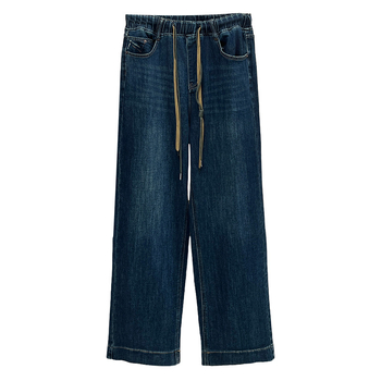 Kokvilnas taisnas sieviešu bikses ar elastīgu jostu un auklu, garums līdz grīdai, mikroelastīgas