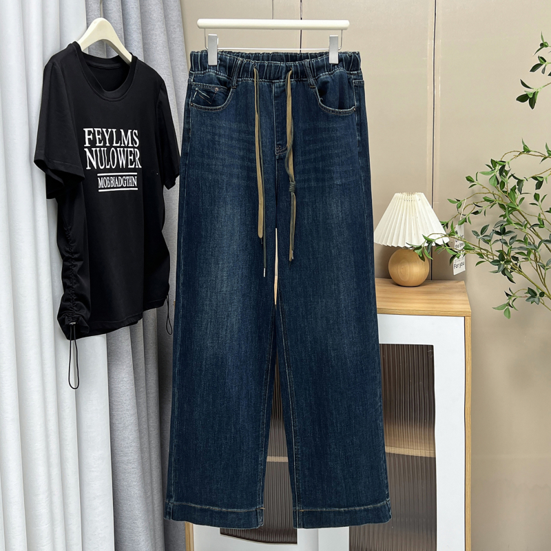 Kokvilnas taisnas sieviešu bikses ar elastīgu jostu un auklu, garums līdz grīdai, mikroelastīgas