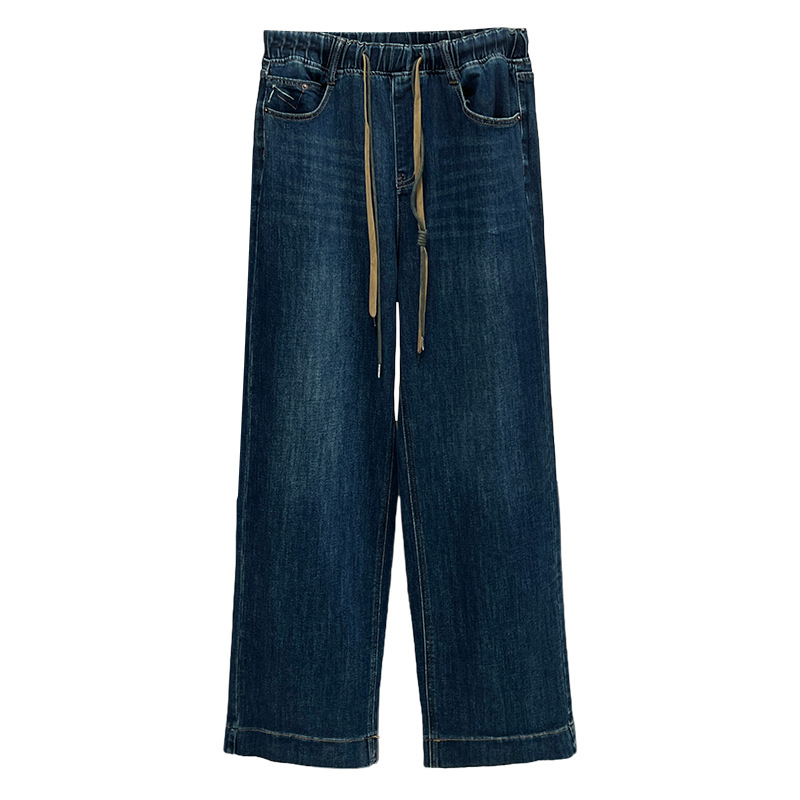 Kokvilnas taisnas sieviešu bikses ar elastīgu jostu un auklu, garums līdz grīdai, mikroelastīgas