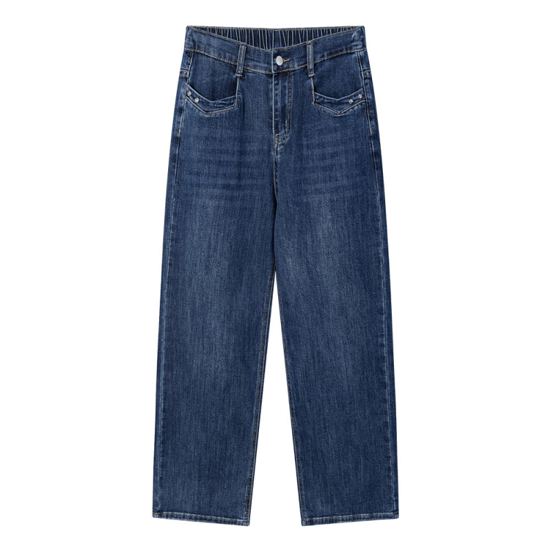 Sievietēm augsta vidukļa džinsi, garas līdz grīdai, taisna kāja, 80–90% kokvilna, rudens 2025