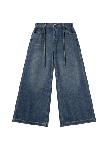 Sievietēm platām kājām džinsi ar augstu vidukli, izmazgāts denims, pūšanas apdare, 90–95% kokvilna, poliester <30%, rudens 2025