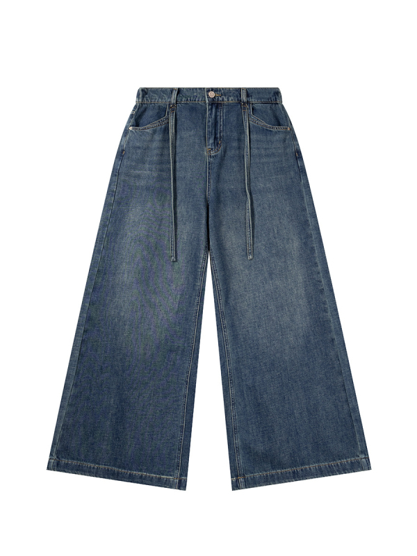 Sievietēm platām kājām džinsi ar augstu vidukli, izmazgāts denims, pūšanas apdare, 90–95% kokvilna, poliester <30%, rudens 2025