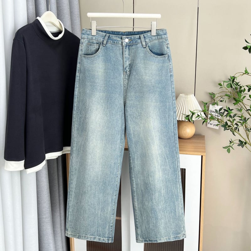 Sieviešu džinsi taisnā piegriezuma, poliesters 90–95%, silta flīsa odere, augsta josta, augsta elastība, ziemas kolekcija 2025, bez gludināšanas