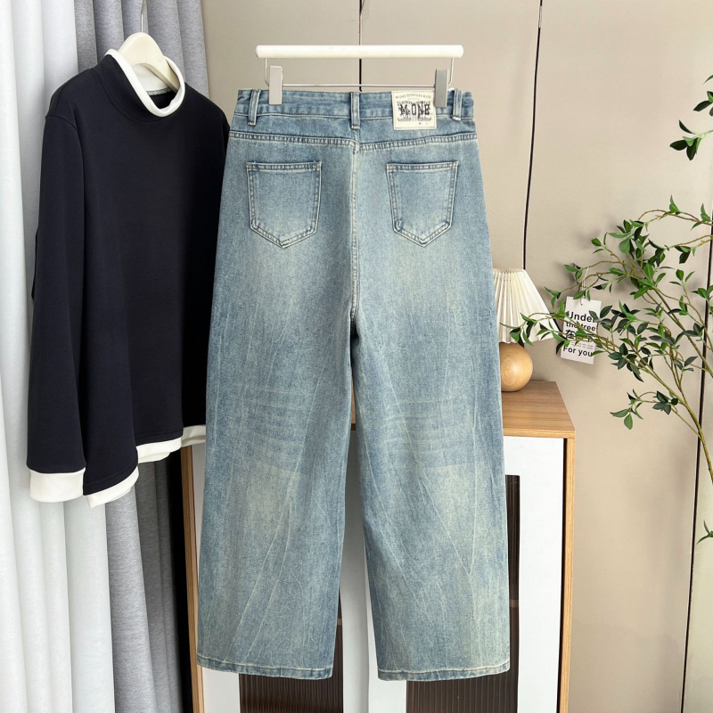 Sieviešu džinsi taisnā piegriezuma, poliesters 90–95%, silta flīsa odere, augsta josta, augsta elastība, ziemas kolekcija 2025, bez gludināšanas