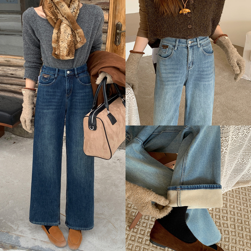 Džinsa taisnas bikses ar fleece odere ziemai 2025, augsta elastība, regulējams josta, bez gludināšanas