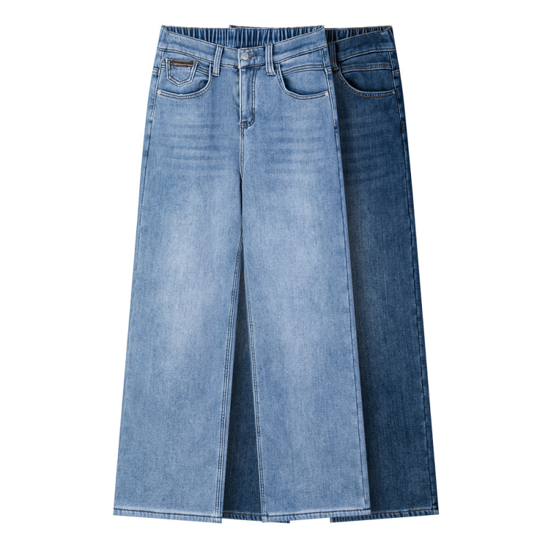 Džinsa taisnas bikses ar fleece odere ziemai 2025, augsta elastība, regulējams josta, bez gludināšanas