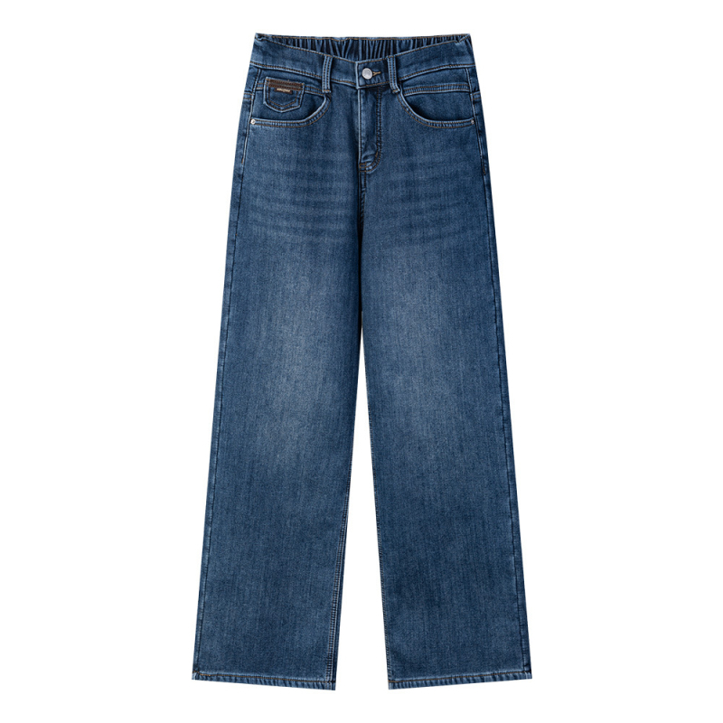 Džinsa taisnas bikses ar fleece odere ziemai 2025, augsta elastība, regulējams josta, bez gludināšanas