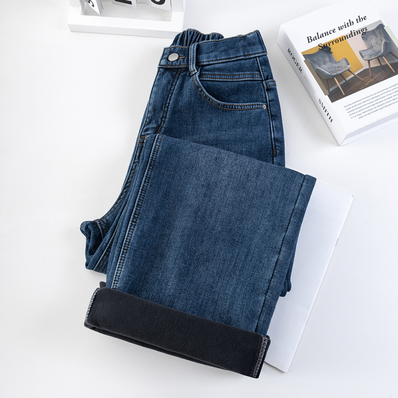 Džinsa taisnas bikses ar fleece odere ziemai 2025, augsta elastība, regulējams josta, bez gludināšanas