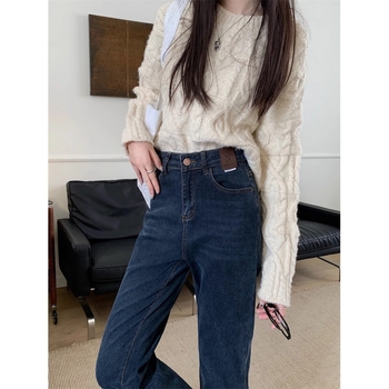 Sieviešu džinsa bikses ar augstu vidukli, taisa piegriezuma, ar fleece oderi, potīšu garums, 70–80% kokvilnas