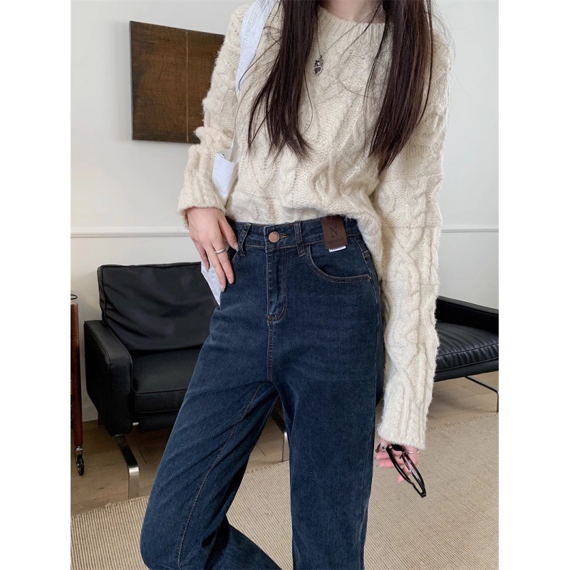 Sieviešu džinsa bikses ar augstu vidukli, taisa piegriezuma, ar fleece oderi, potīšu garums, 70–80% kokvilnas