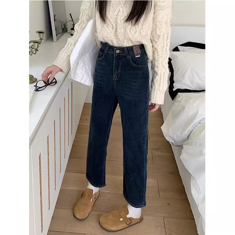 Sieviešu džinsa bikses ar augstu vidukli, taisa piegriezuma, ar fleece oderi, potīšu garums, 70–80% kokvilnas