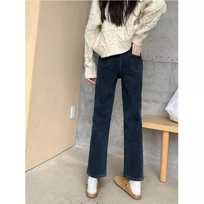 Sieviešu džinsa bikses ar augstu vidukli, taisa piegriezuma, ar fleece oderi, potīšu garums, 70–80% kokvilnas