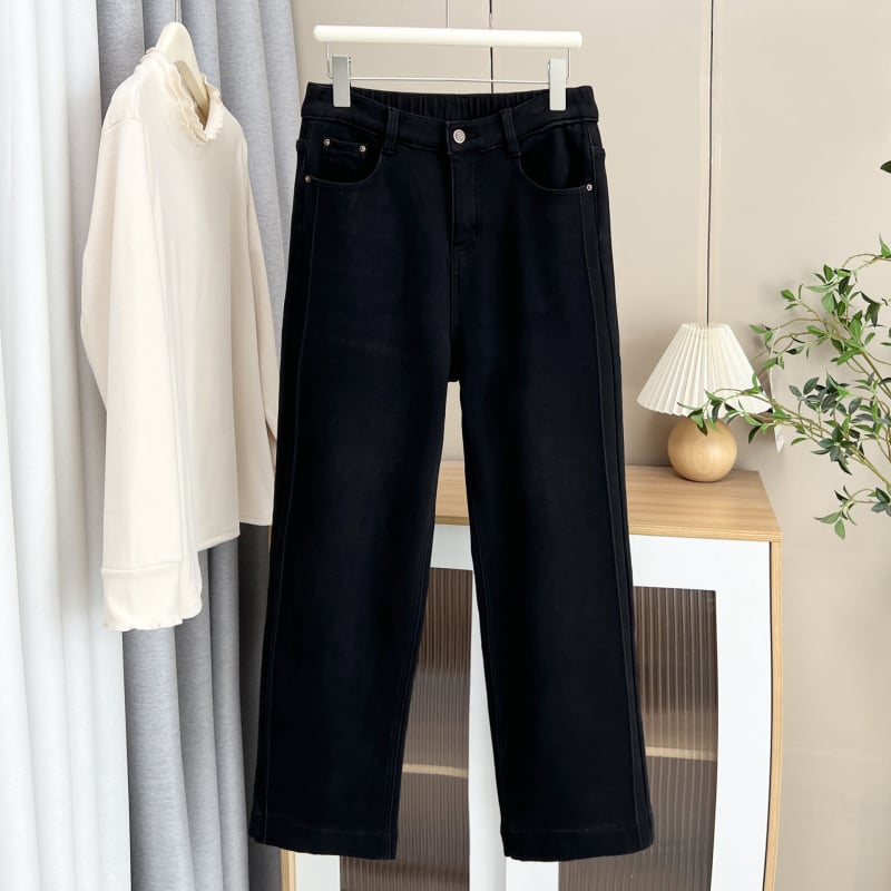 Sieviešu džinsi taisna griezuma ar flīsa odere ziemai, augsta josta, bieza auduma