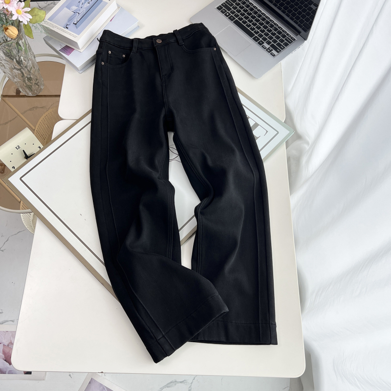 Sieviešu džinsi taisna griezuma ar flīsa odere ziemai, augsta josta, bieza auduma