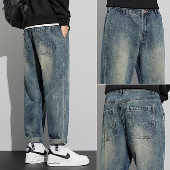 Ανδρικά τζιν με ίσιο παντελόνι, ντένιμ, χαμηλή μέση, φερμουάρ